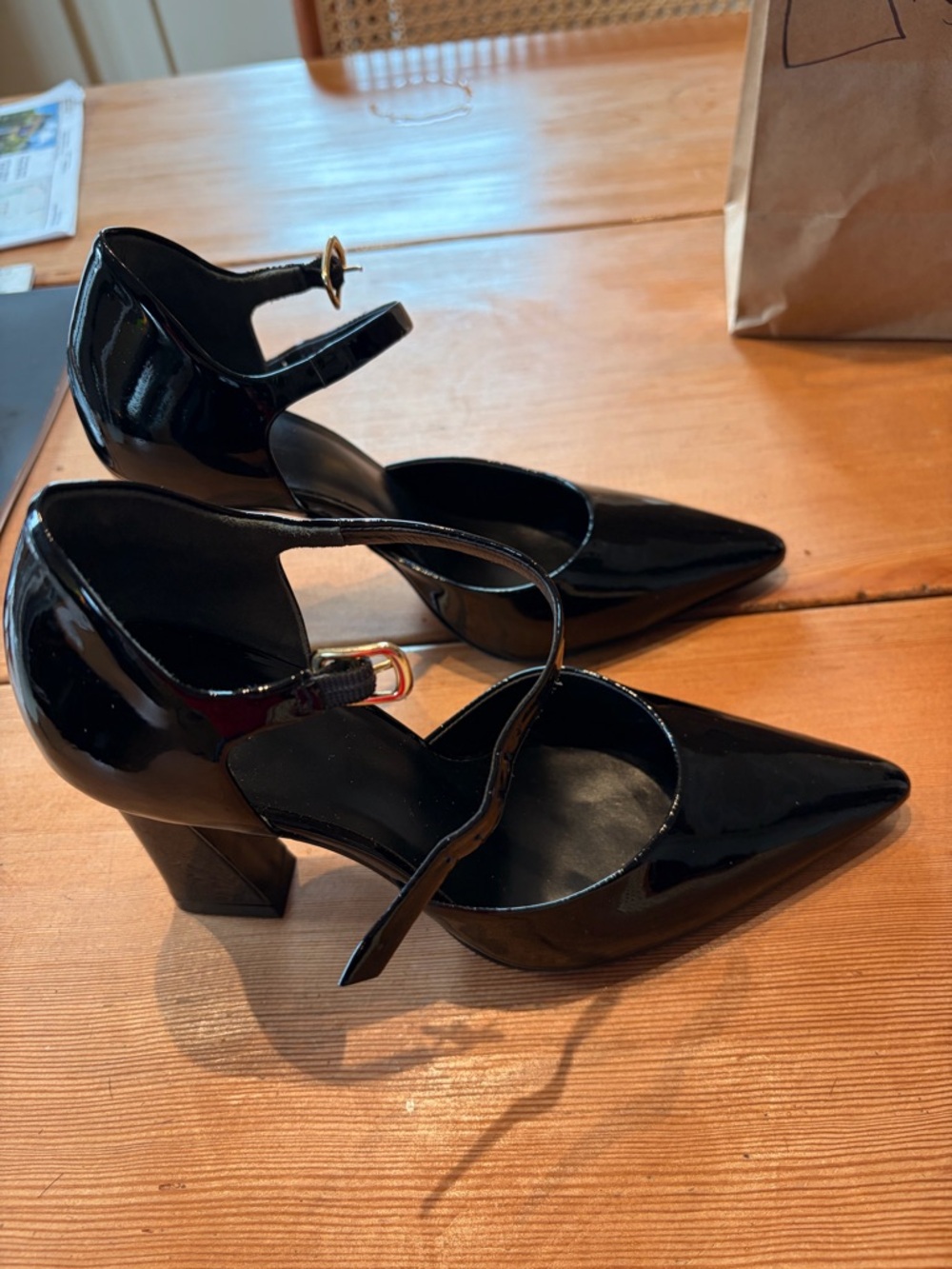 Reformation Black Patent Mary Jane Block Heel Pumps